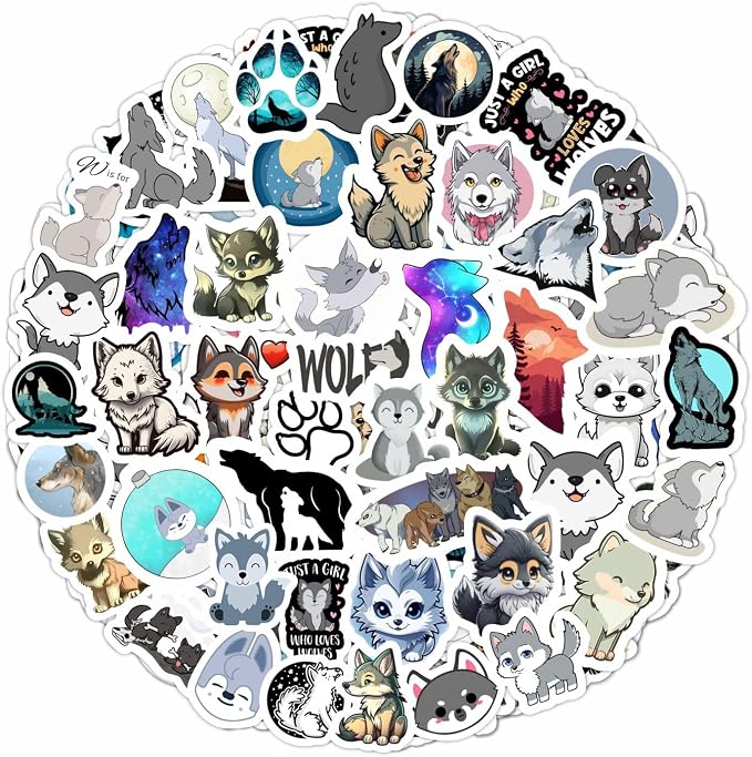 Cute Wolf Stickers for Water Bottle and Laptop - Wolf Party Supplies & Decorations, Waterproof Vinyl Decals, Cute Animal and Wildlife Stickers, Gifts for Women & Men