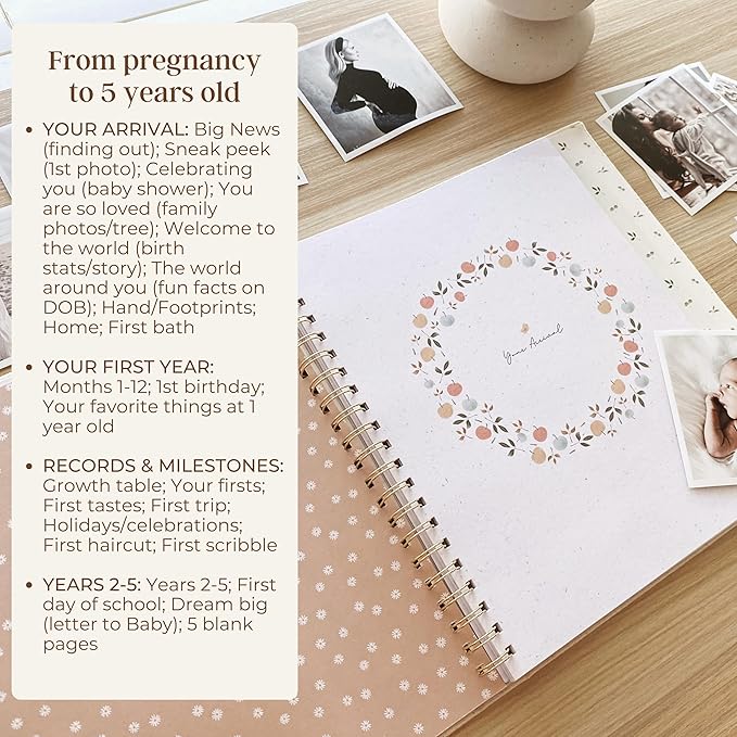 Peachly Baby Memory Book | Baby Book First Year Baby Book Keepsake for Milestones | Simple Cute Baby Scrapbook | Baby Books for Girl | Natural Linen - Clementine