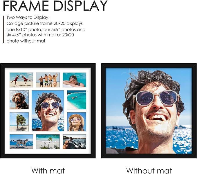 20x20 Collage Picture Frames Display One 8x10 Inch and Six 4x6 and Four 5x5 Photos Collage Wall Decor Wall Hanging or Tabletop Black