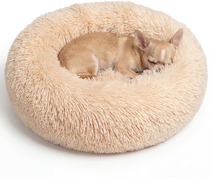 Tiny Dog Bed for Extra Small Dogs for Chihuahua Pomeranian Toy Poodle | 15 Inch Washable Puppy Bed,Soft Faux Fur Calming Donut Bed,Light Brown
