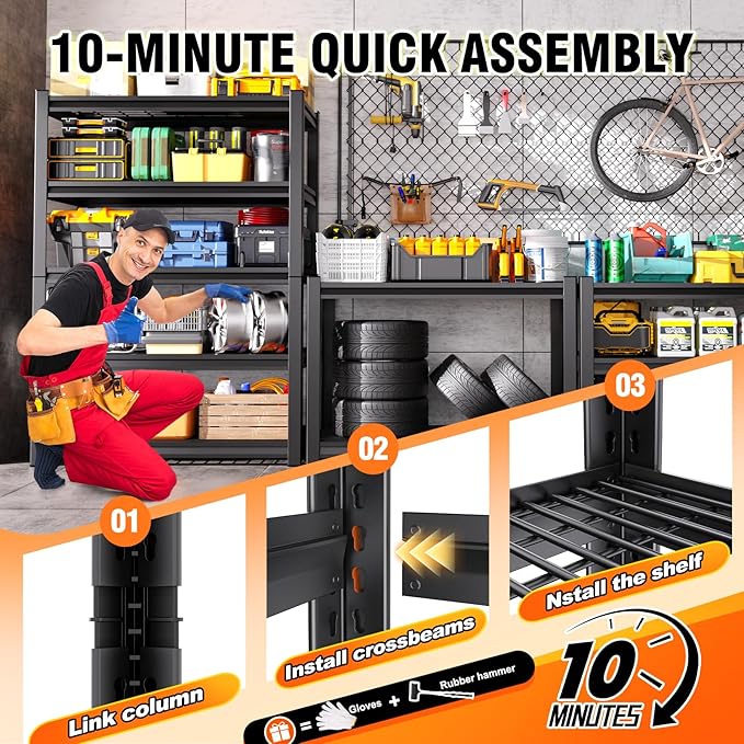 2 Pack-46 ''W Storage Shelves, 71‘’H Garage Shelving, Adjustable Garage Shelves, 3000lbs Heavy Duty Shelving ,5 Tier Garage Storage Shelves,Easy-To-Install Metal Shelf Storage Rack Shelving Unit