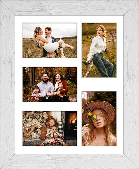 11x14 Picture Frame Display 5 opening 4X6 Picture Frame Collage,Multi Photo Frame with Mat,Plexiglass,Wall or Tabletop Decor,Distressed White Wood Grain