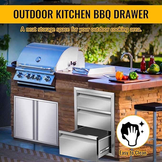 Outdoor Kitchen Drawers Stainless Steel 18W X 24H X 23D Inch, Flush Mount Triple BBQ Island Drawers with Hidden Handle for Outdoor Kitchens, Patio or Grill Station