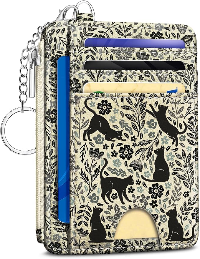 Kelvoris Credit Card Holder Small Wallet Women, Slim RFID, Black Cat | Keychain, Zipper Coin Pocket, Front Pocket Thin Travel Card Case, Minimalist, 6 Card Slots, 1 ID Window, Ladies Gifts Woman