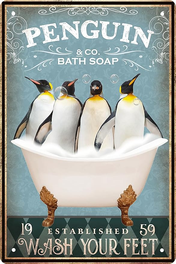 Funny Penguin Decor Vintage Bathroom and Bathtub Metal Tin Sign Decor Penguin Pet lovers Gift Farm Home Bar Bathroom Man Cave Retro Wall Art Poster Sign Accessories 8x12 In