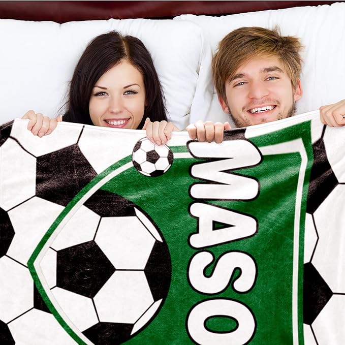 Personalized Soccer Blanket with Name for Boys, Custom Name Blanket for Teen, Soft Flannel Soccer Customized Gift for Birthday 50"x60"