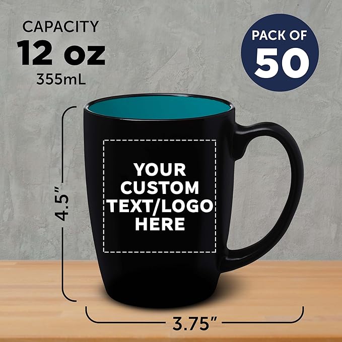DISCOUNT PROMOS 50 Java Two Tone Coffee Mugs Set, 12 oz. - Customizable Text, Logo - Stoneware, Durable, Easy Grip - BLACKTEAL