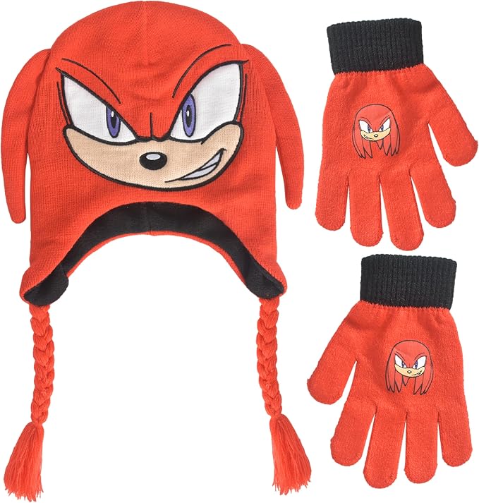 Concept One Sonic The Hedgehog Beanie Hat and Glove Set, Kids Knitted Winter Hat and Gloves