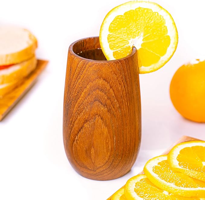 Rainforest Bowls Set of 4 Regular Rounded Javanese Teak Wood Cup- 350ml (12 oz)- Great for Tea/Coffee/Milk, Hot & Cold Drinks- Ultra-Durable- Premium Wooden Cup Handcrafted by Indonesian Artisans