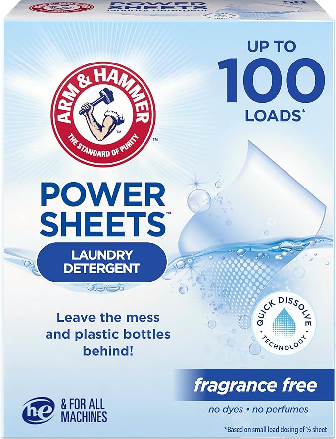 ARM & HAMMER Power Sheets Laundry Detergent, Fragrance Free, No Dyes or Perfumes, Lightweight and Travel-Friendly, 50 Count, Up to 100 Small Loads