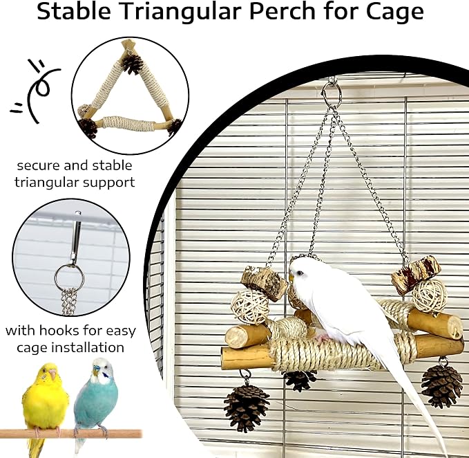 Bird Swing for Cage with Chew Toys, 3 Sisal-Wrapped Stable Perches(S) | Stable Triangle Design Parrot Perch Swing, Wooden Hanging Parakeet Toys for Cockatiel Lovebird Conure Quaker Balance Training