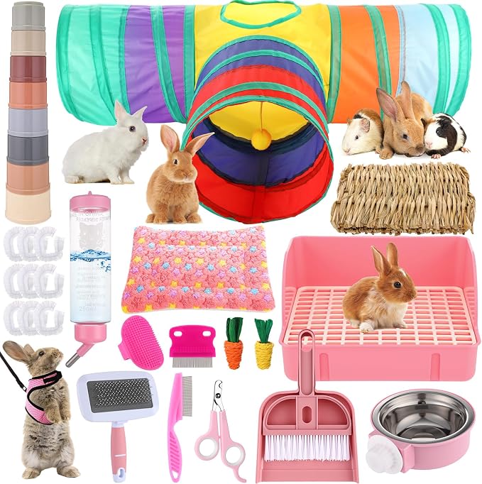 34 Pcs Rabbit Starter Kit Rabbit Litter Box Small Animal Water Bottle Cups Bunny Tunnels Animal Grooming Kit Bowl Blanket with Cleaning Set for Guinea Pig Bunny(Style 1,Light Pink)