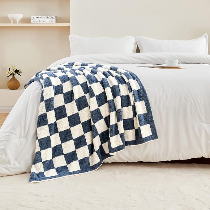 CozeCube Super Soft Fullfy Microfiber Reversible Knitted Blankets, Warm Cozy Fuzzy Plush Throw, Dusty Blue and White Checkered Throw Blanket for Couch Bed Sofa, 60" x 80"