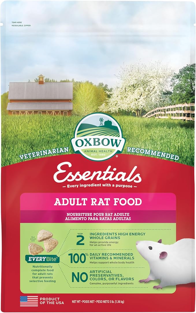 Oxbow Essentials Rat Food, Pet Food for Adult Rats, All-Natural Vitamin & Mineral Rich Formula, Veterinarian Recommended, Oxbow, Rodent Pellets, Made in USA, No Artificials, 3 lb. Bag | Uniform Rat Food Pellets, Veterinarian Recommended, Vitamins And M...