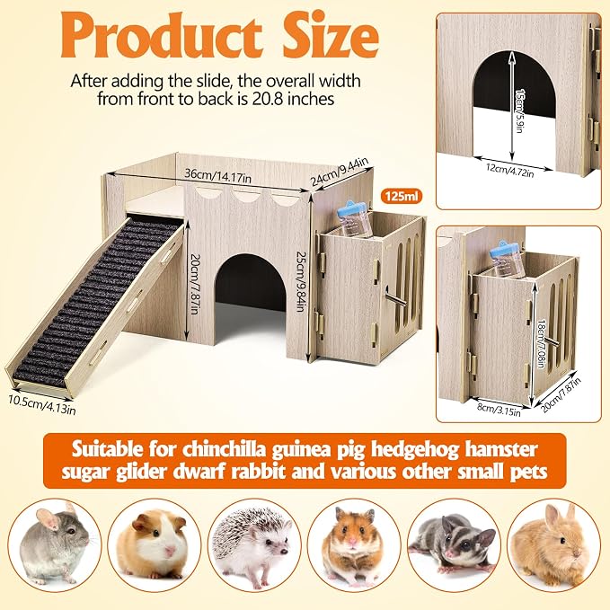 kathson Wood Guinea Pig Hideout Small Rabbit Hideout with Water and Hay Feeder Ramp, Easy to Assemble Wooden Hamster House for Small Animal Bunny Chinchilla Rat Hedgehog with 2xGuinea Pig Cage Liners