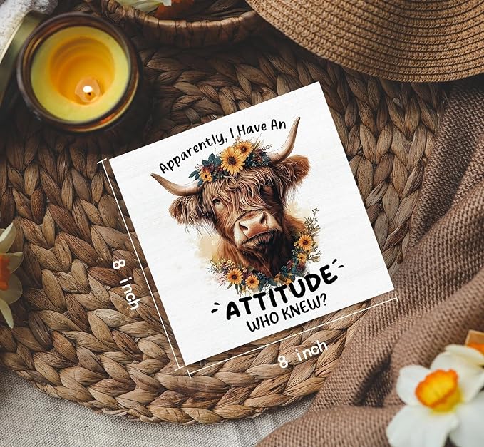 Highland Cow Sign, Farm Cottagecore Animal Office Kitchen Bedroom Decor, Apparently I Have an Attitude Who Knew Wooden Box Signs, Apparently Highland Cow Gifts for Women Men 8x8 in Decorative Signs & Plaques