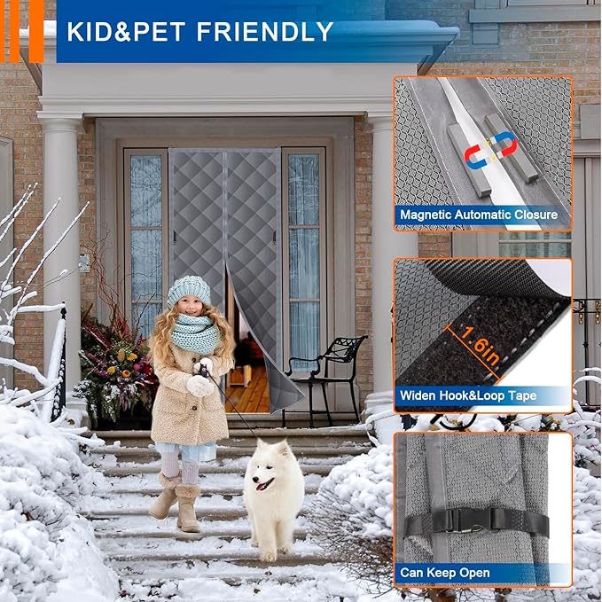 Magnetic Thermal Insulated Door Curtain,Fits Door Size 72'' x 80'', Durable Oxford Cloth Thicken Cotton Fiber Fill, Temporary Doors Insulation Cover,Soundproof Weatherproof Doors Blanket