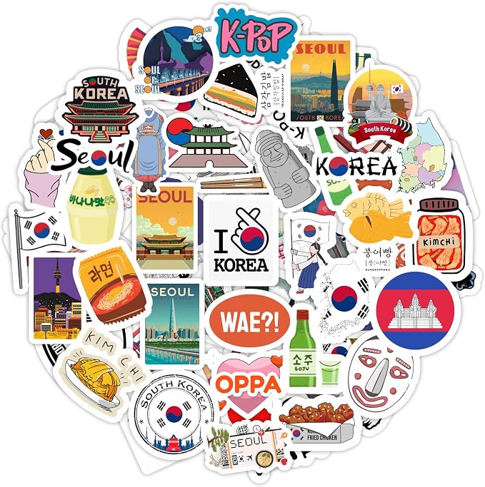 South Korea Stickers, Korean Stickers for Water Bottle & Laptop - South Korea Party Supplies & Decorations, Waterproof Vinyl Decals, Gifts for Women & Men