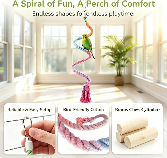 Bendable Parrot Rope Perch with Wood Chew for Parakeet Cockatiel | Soft twisted cotton rope, natural wood chew blocks, bendable design, beak trimming, fits standard wire bird cages