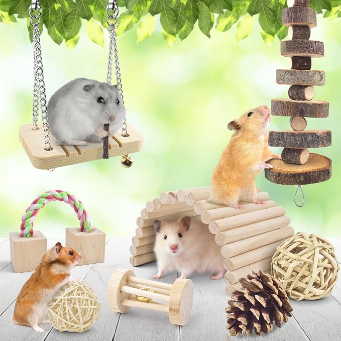 ERKOON Safe 12 Pack Hamster Chew Toys Gerbil Rat Guinea Pig Chinchilla Chewing Toys Cage Accessories, Natural Wooden Dumbbell Exercise Bell Roller Teeth Care Molar Toy for Rabbits Bird Small Animals
