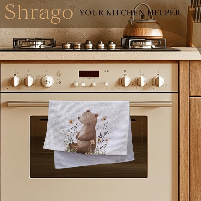Bear Gifts Kitchen Towels, Gifts for Bear Lovers Dish Tea Towels for Kitchen, Cute Wild Animal Floral Botanical Decorative Hand Towel for Kids Bathroom Decor, 16x24 Inch