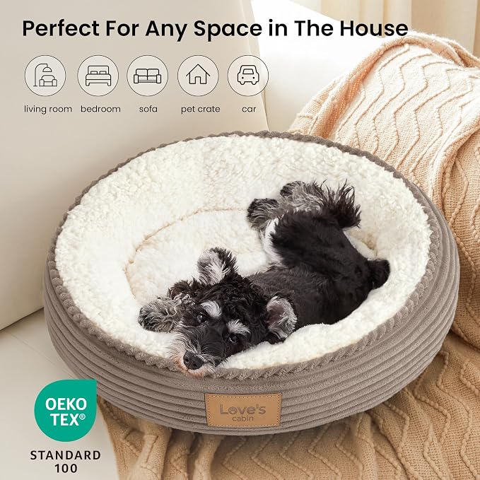 Love's cabin Round Donut Cat and Dog Cushion Bed, 24in Pet Bed for Small or Medium Dogs, Anti-Slip & Water-Resistant Bottom, Soft Durable Fabric Pet Beds, Washable Calming Cat Bed Khaki