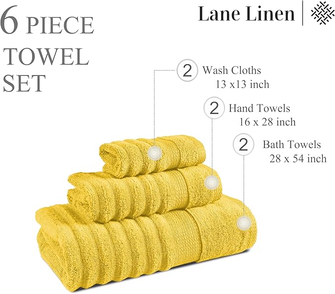 LANE LINEN Bath Towel Set - Soft and Absorbent, Ribbed, 100% Cotton Towels for Bathroom, Hotel, Body & Spa - 2 Bath Towels Large Size, 2 Bathroom Hand Towel and 2 Wash Cloths (6 Piece Set) - Mimosa