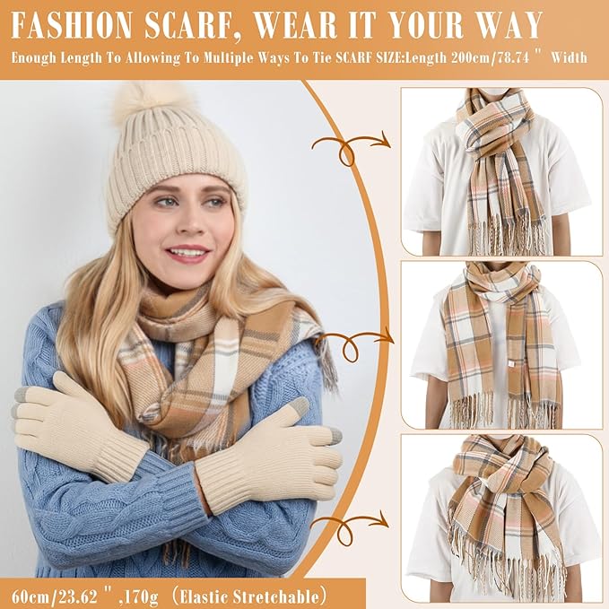 Geyoga 6 Pcs Winter Hat Scarf Gloves Set Knitted Touchscreen Gloves Plaid Scarf Earmuffs Socks Gift for Women Men