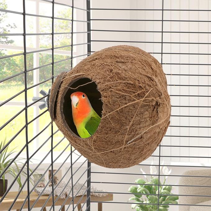 Hypeety Pet Bird Breeding Nest Natural Coconut Bird Hideout Hut for Cage | Natural coconut shell, for sleeping/breeding, easy to install, for parakeets/cockatiels/finches/hamsters, coco cage perch toy