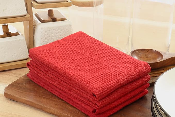 PurpleEssences Waffle Weave Kitchen Towel, 100% Cotton - 15x25 Inches, with Hanging Loop Ultra Soft Absorbent Quick Drying Dish Cloth, Tea and Hand Towels, 6 Pack - Christmas Holiday Winter - Red