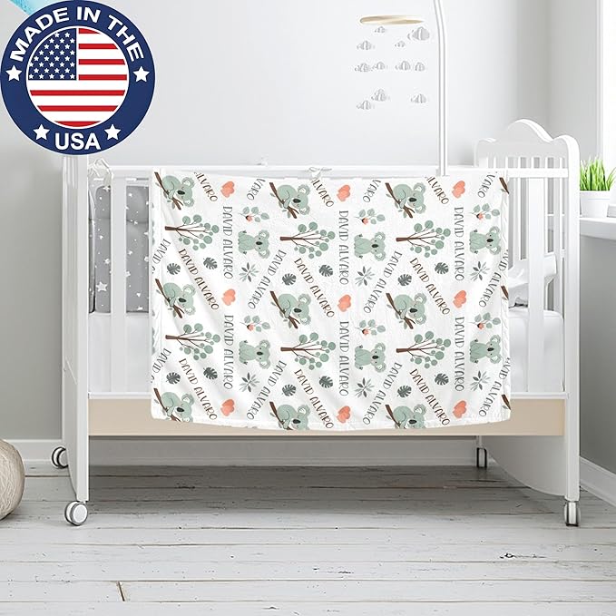 Ship Next Day Personalized Baby Blanket, Printed in USA - Custom Name Toddler Blanket with Koala Pattern, Personalized