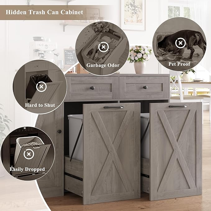 HOSTACK 12.5 Gallon Kitchen Trash Cabinet, 47" Double Trash Can Cabinet, Large Pull Out Can Storage Drawers, Wood Farmhouse Hidden Garbage Storage Buffet for Kitchen, Dining Room, Ash Grey