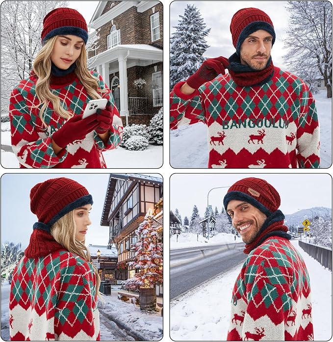 MAYLISACC Winter Knit Beanie Hat Neck Warmer Scarf and Touch Screen Gloves Set 3 Pcs Fleece Lined Skull Cap for Men Women