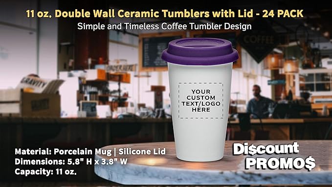 Personalized 11 oz. Double Wall Ceramic Tumblers with Lid - 24 Pack - Custom Text, Logo - Purple