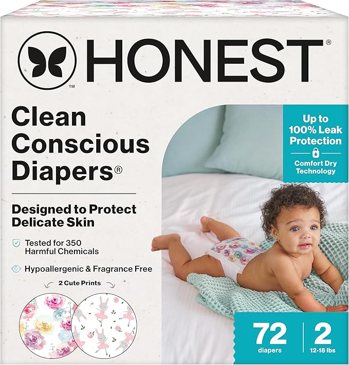 The Honest Company Clean Conscious Diapers for Delicate Skin Up to 100% Leakproof Hypoallergenic Fragrance-Free Baby Girl Prints Club Box Size 2 (12–18 lbs) 72 Count (Prints May