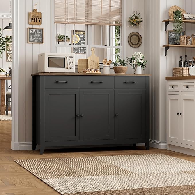 HORSTORS 47" Buffet Cabinet with Storage, Kitchen Buffet Table with Drawers, Modern Farmhouse Coffee Bar Storage Cabinet with Adjustable Shelf, Wood Sideboard for Dining Room, Kitchen, Entryway, Black