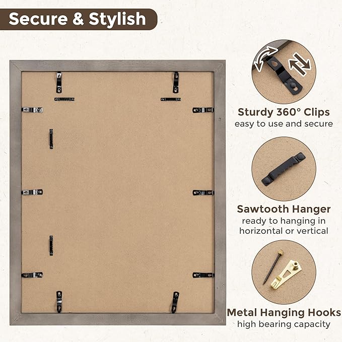 16x20 Picture Frame, Solid Wood Grain Picture Frame-Tempered Glass, Display Poster 11x14 with Mat or 16 x 20 Without Mat, Rustic Picture Frames, 16x20 Picture Frames for Wall, Grey, 1Pack