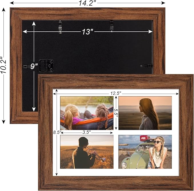 9x13 Picture Frame Display 4 opening 4X6 Picture Frame Collage,Multi Photo Frame with Mat,Plexiglass,Wall or Tabletop Decor,Carbonized Brown Wood Grain