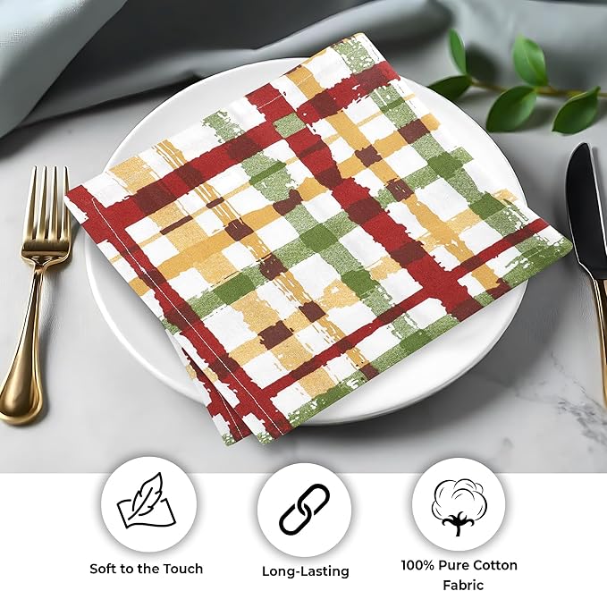 Urban Villa Harvets Dinner Napkins Set of 12, 20x20 Inches Soft Premium Hotel Quality Napkins, Highly Absorbent, Reusable & Washable Table Dinner Napkins - (Multicolor, Fall Checks)