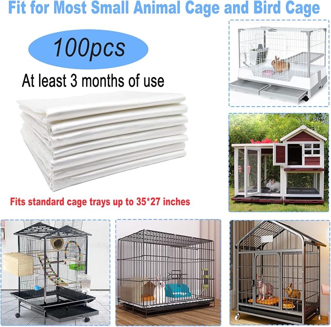 100 Pcs Disposable Rabbit Cage Liner, 35'' X 27'' Large Bunny Cage Tray Liners Clear Plastic Guinea Pig Toilet Film for Bunnies Ferrets Chinchillas Birds Small Animal - Leak Proof & No Mess