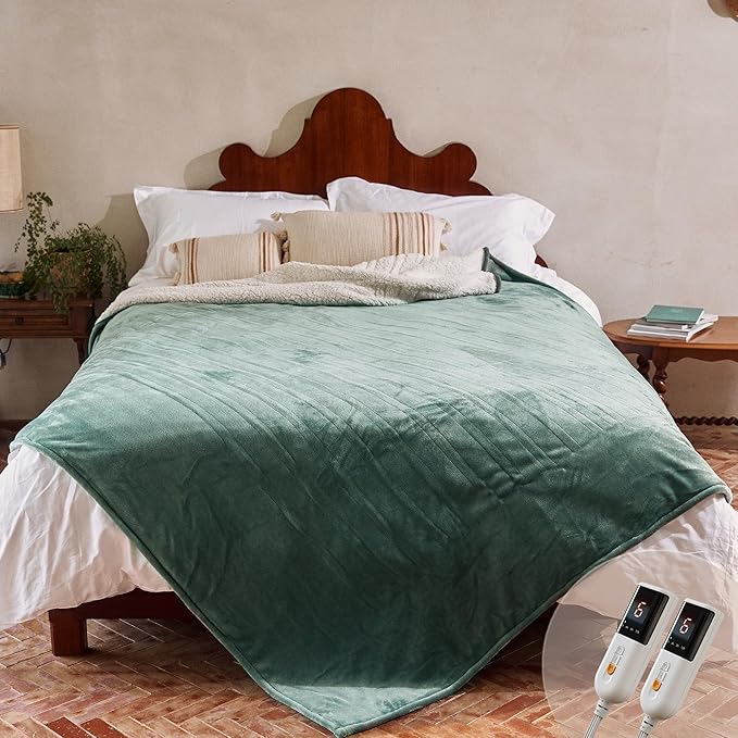 GOTCOZY Heated Blanket King Size - Electric Blanket with Dual Controller, 6 Heating Levels & 10 Hour Auto Off, ETL Certified (100x90 Inch Green)