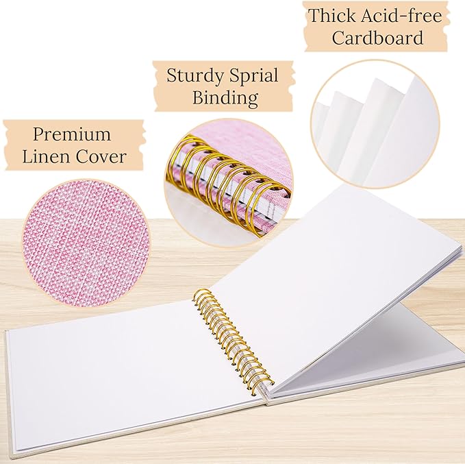 Scrapbook Photo Album Linen Cover, 10 x 10 Inch Hardcover Kraft White Pages Memory Book, for Travel Wedding Guest Book Christmas Baby Shower (20 Sheets/ 40 Pages,Pink)