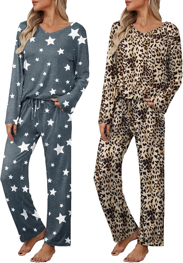 Ekouaer Womens 2 Pack Pajama Set Long Sleeve Pajamas Top and Pants V Neck Pjs Set Soft Loungewear with Pockets