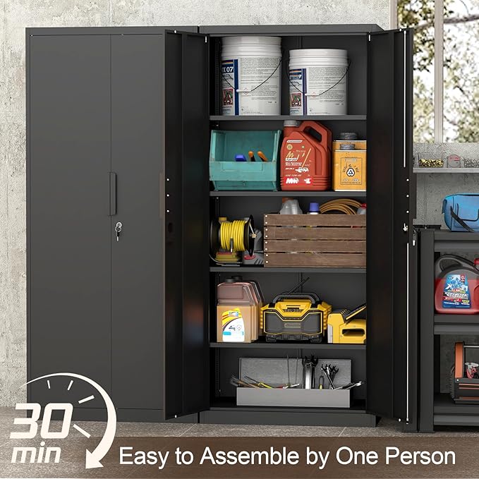 GREATMEET Metal Garage Storage Cabinets, 71" Tall Locking Cabinets with Doors and Shelves, Utility Cabinet with Lock for Garage, Home, Black