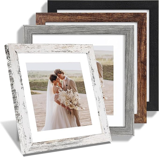10x10 Picture Frame Set of 4, Made of Glass and Multicolour Wooden Frame, 10 by 10 Photo for Wall or Tabletop - Display Picture 8x8 with Mat or 10x10 Without Mat