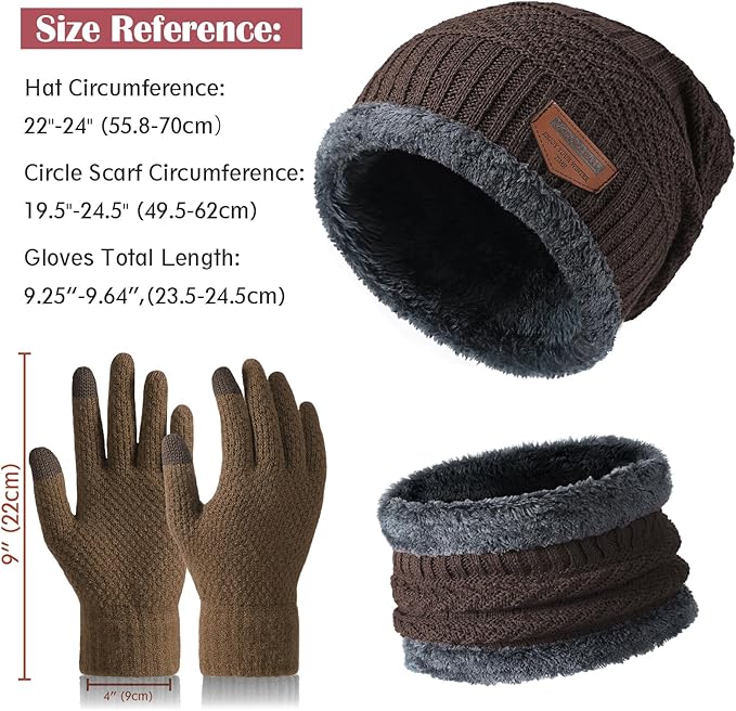 Winter Beanie Hat Circle Scarf Touchscreen Gloves Set, Snow Knit Skull Cap, Warm Thick Fleece Lined Neck Warmer for Men Women