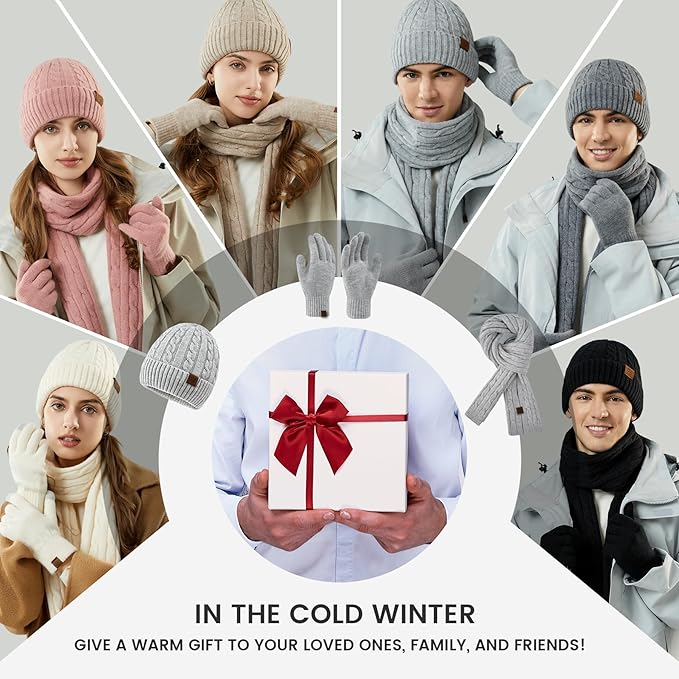 Womens Winter Beanie Hat Scarf Gloves Set, Knit Touch Screen Gloves Long Scarf Skull Caps Fleece Lined Winter Gift