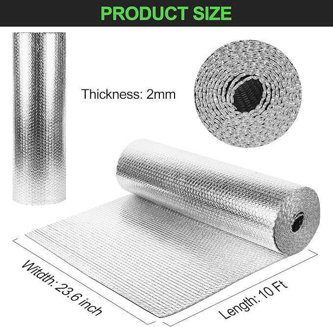 Reflective Insulation Roll 23.6inch x 10Ft Double Bubble Reflective Aluminum Foil Wrap Insulation Sheet Thermal Shield Radiant Barrier for Winter RV Window Thermal Cold Insulation Summer Heat - Silver