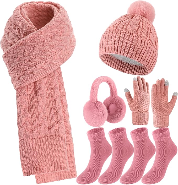Geyoga 6 Pcs Winter Warm Set for Women Warm Beanies Hats Touchscreen Gloves Long Scarf Ear Muffs Socks Winter Gifts for Women
