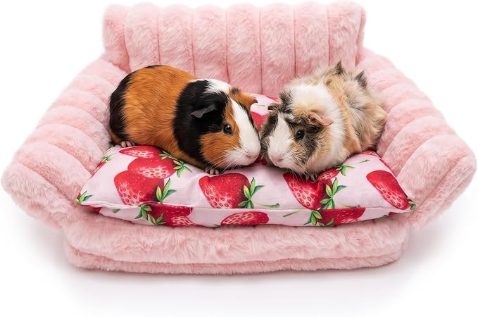 Guinea Pig Bed, Washable Fleece Pink Small Pet Cage Accessories | Strawberry Cozy Small Animal Sofa Couch for Guinea Pig, Bunny, Chinchilla, Hamster, Ferret, Hedgehog